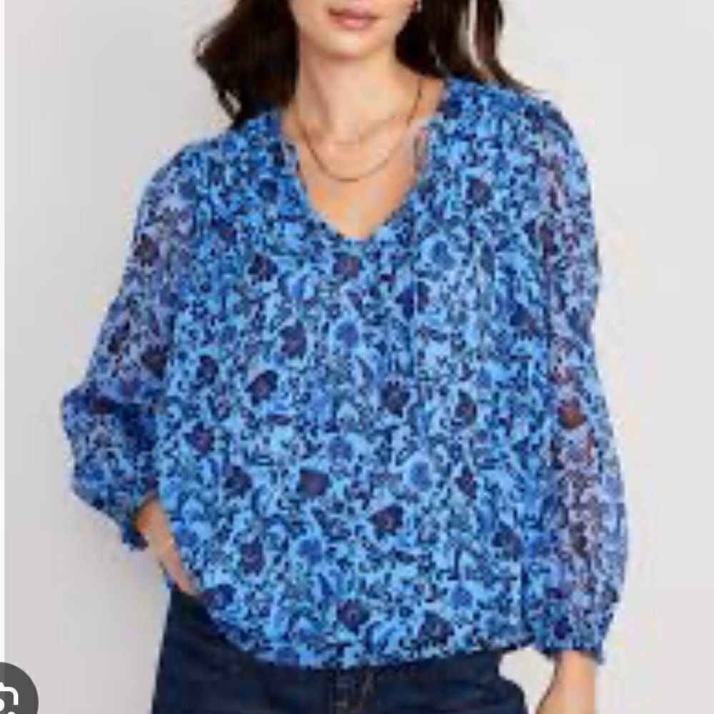 Old Nacy blue floral tie neck long sleeve blouse medium